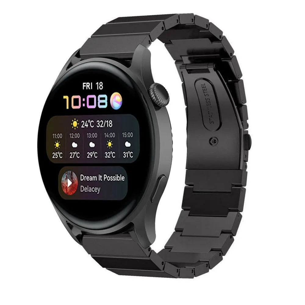 Premium Metal Strap, black, on a watch, 3/4 front view