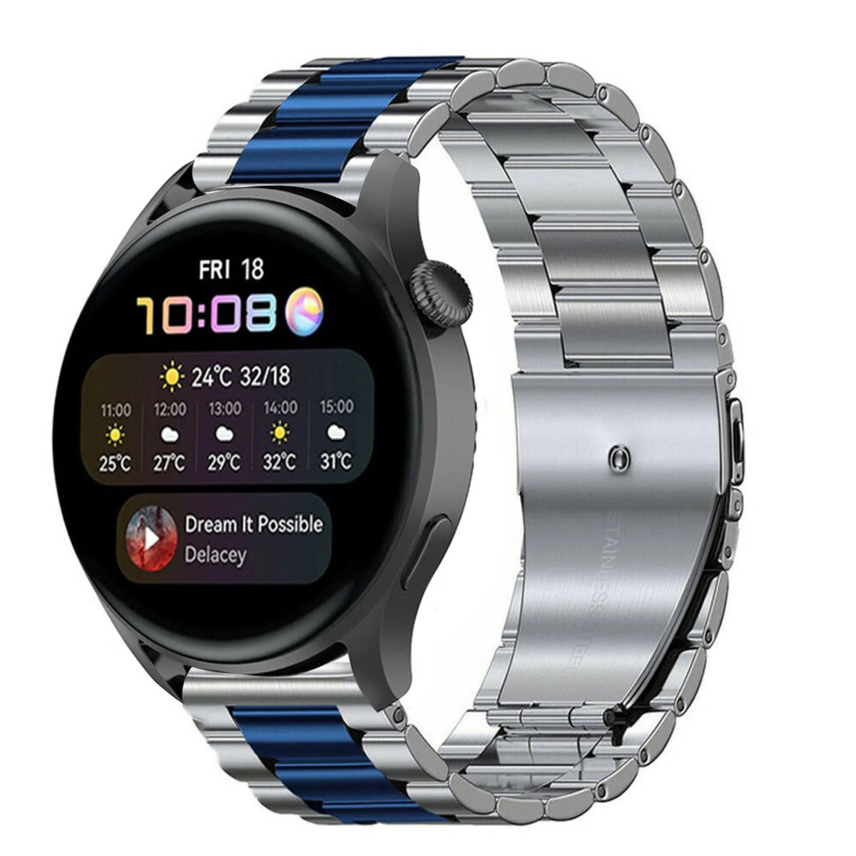 Steel Strap, silver/blue, on a watch, 3/4 front view