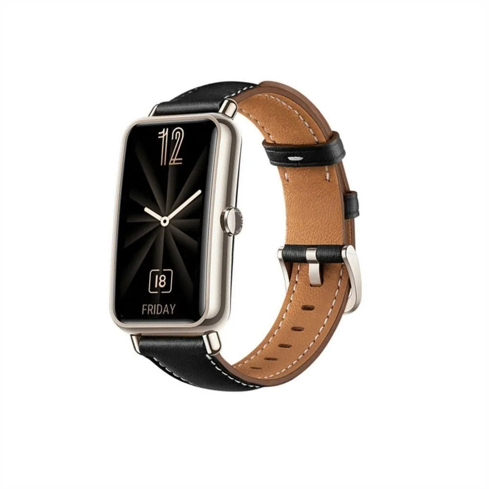Leather Strap, black, on a watch, 3/4 front view