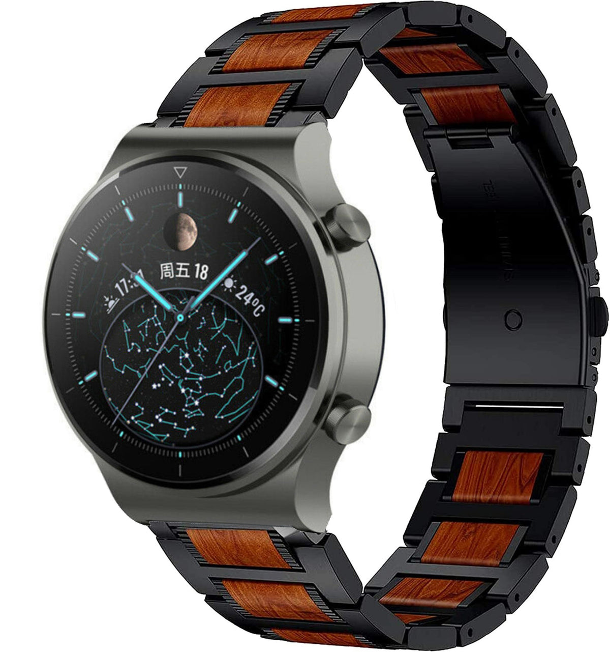 Wood Steel Strap, black, on a watch, 3/4 front view