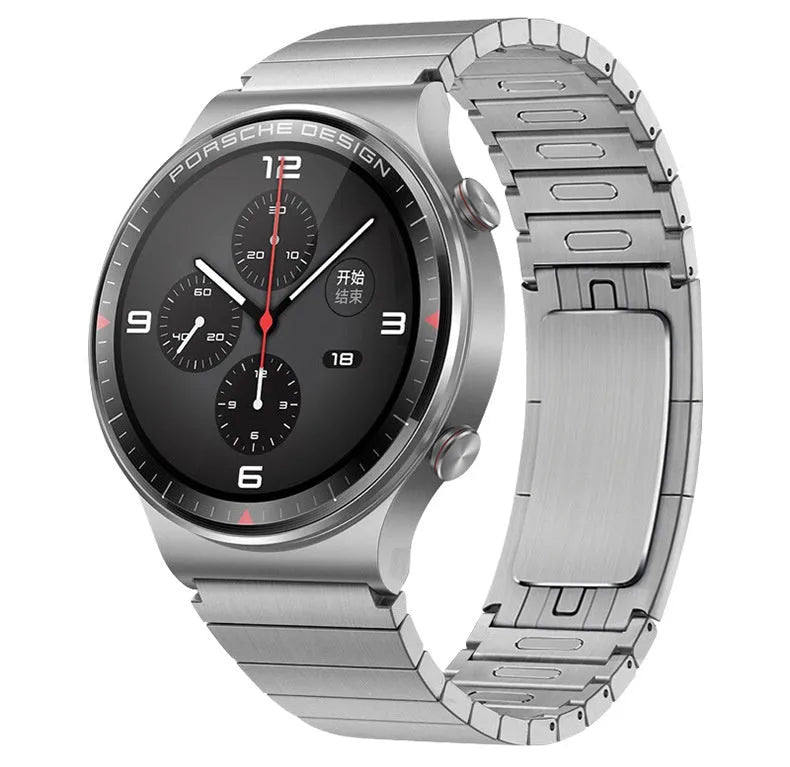 Metal Strap, silver, on a watch, 3/4 front view