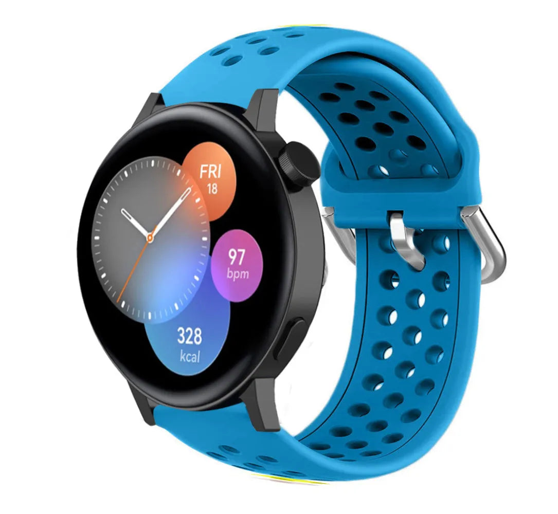 Breathable Silicone Strap, light blue, on a watch, 3/4 front view
