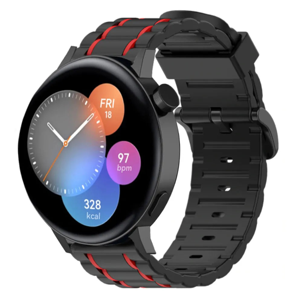 Silicone Strap 'Tough', black/red, on a watch, 3/4 front view