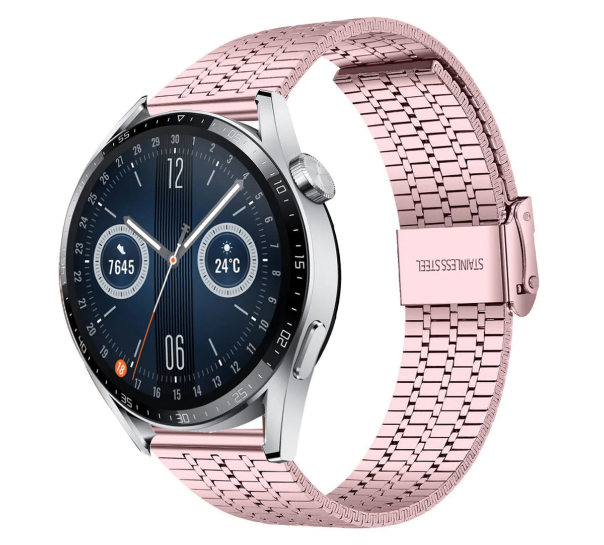 Fine Steel Strap, pink, on a watch, 3/4 front view