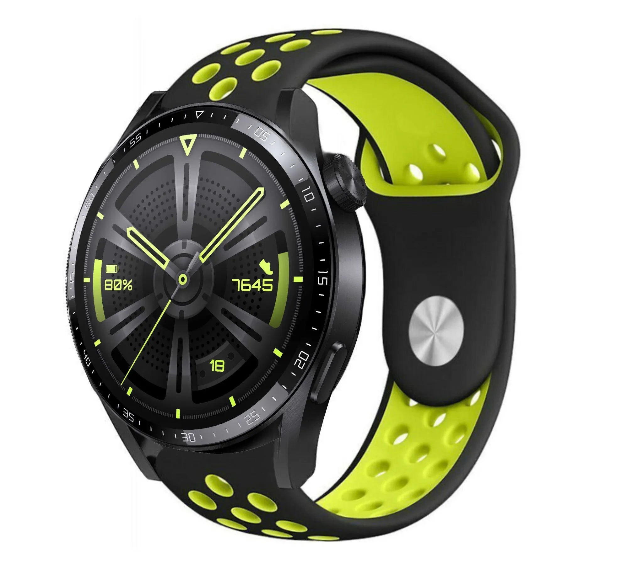 Silicone Sport Strap, black/yellow, on a watch, 3/4 front view