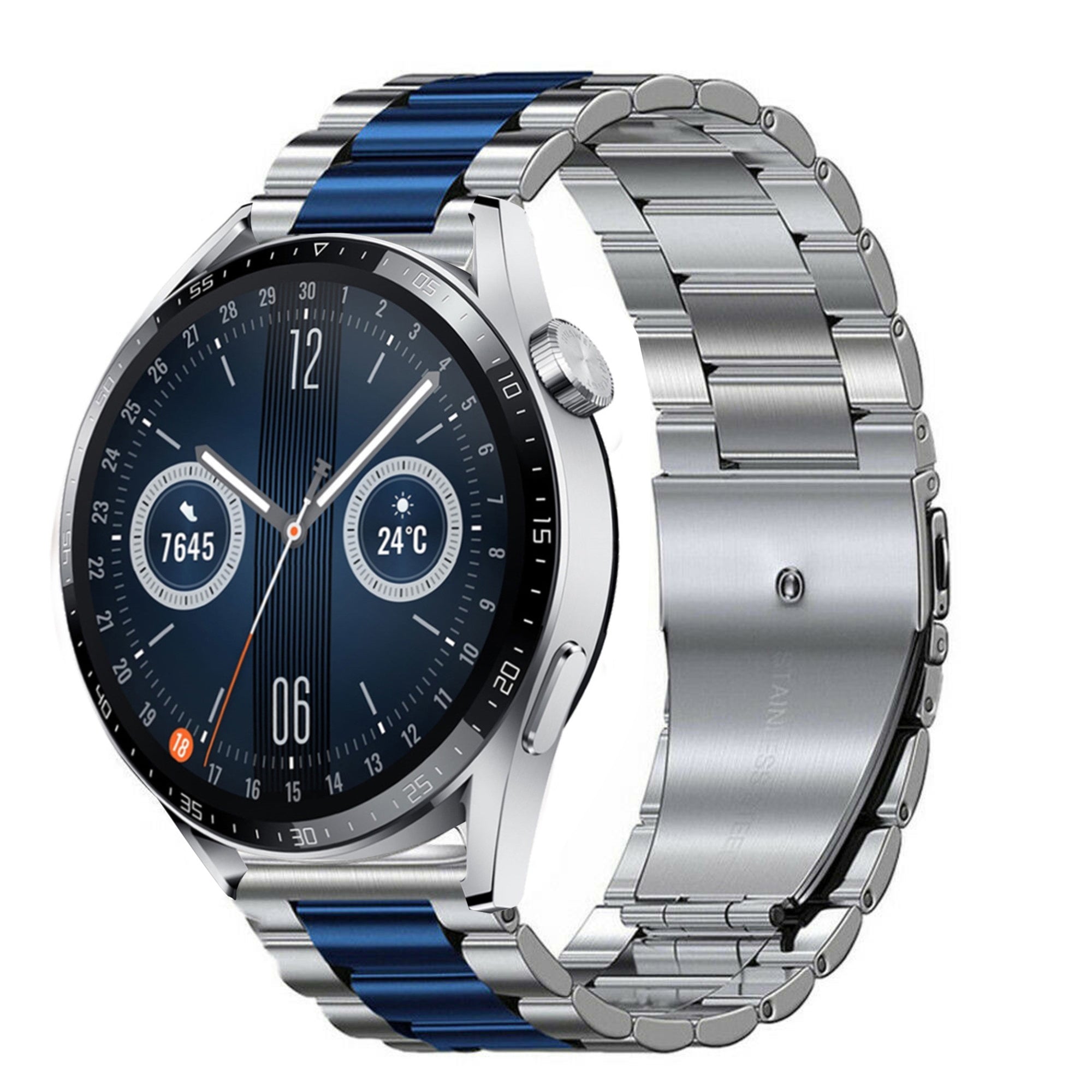 Steel Strap, silver/blue, on a watch, 3/4 front view