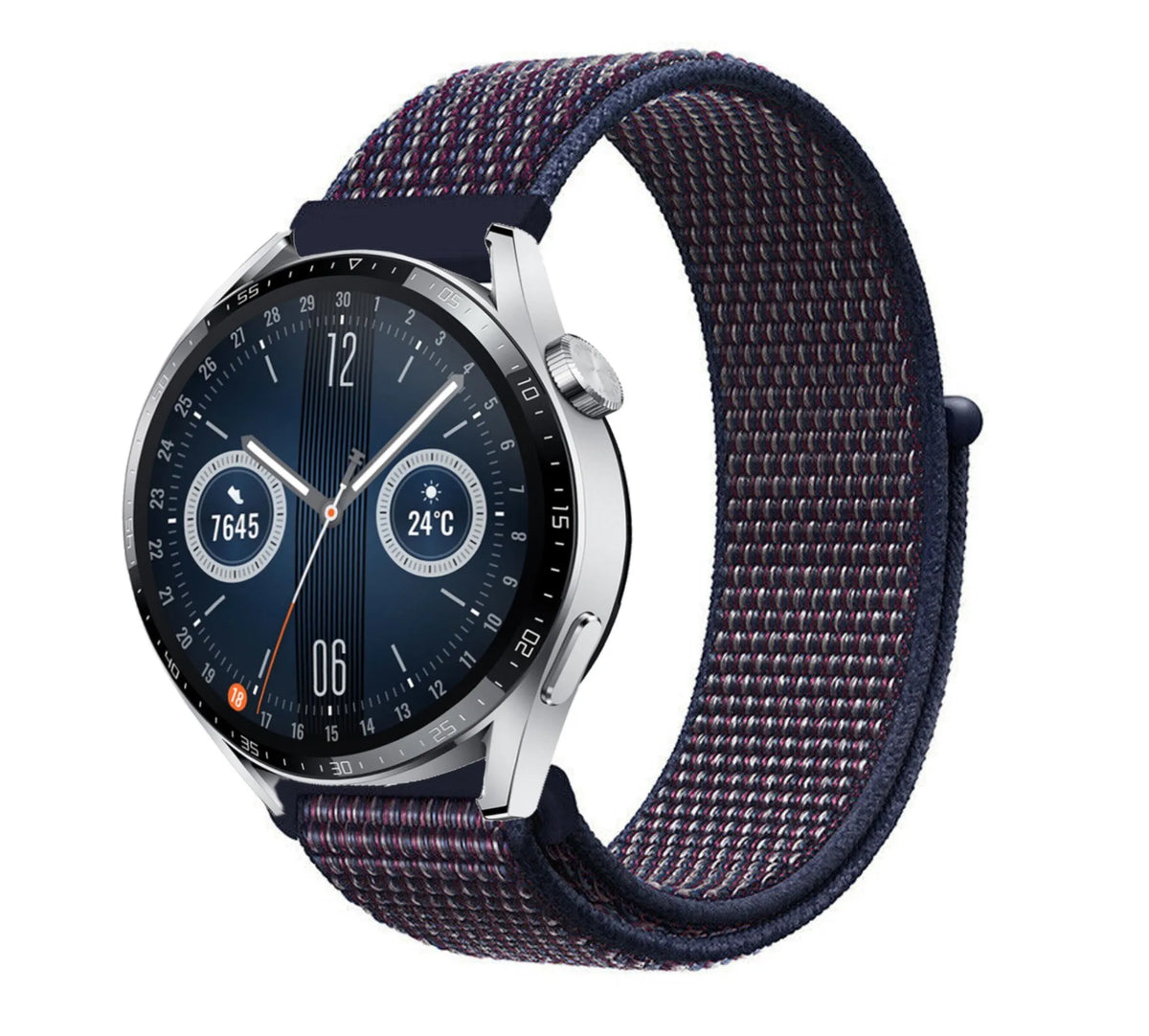 Nylon Strap, indigo, on a watch, 3/4 front view