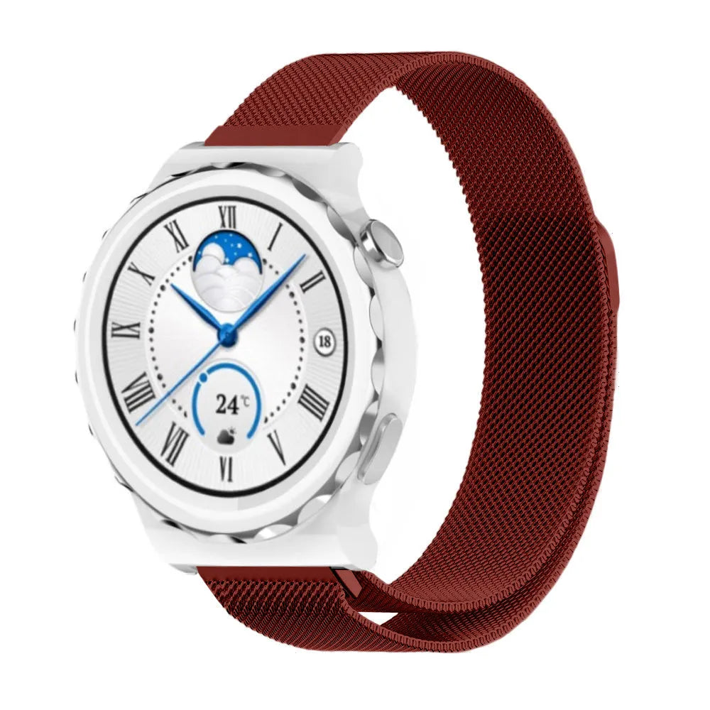 Milanese Strap, red, on a watch, 3/4 front view