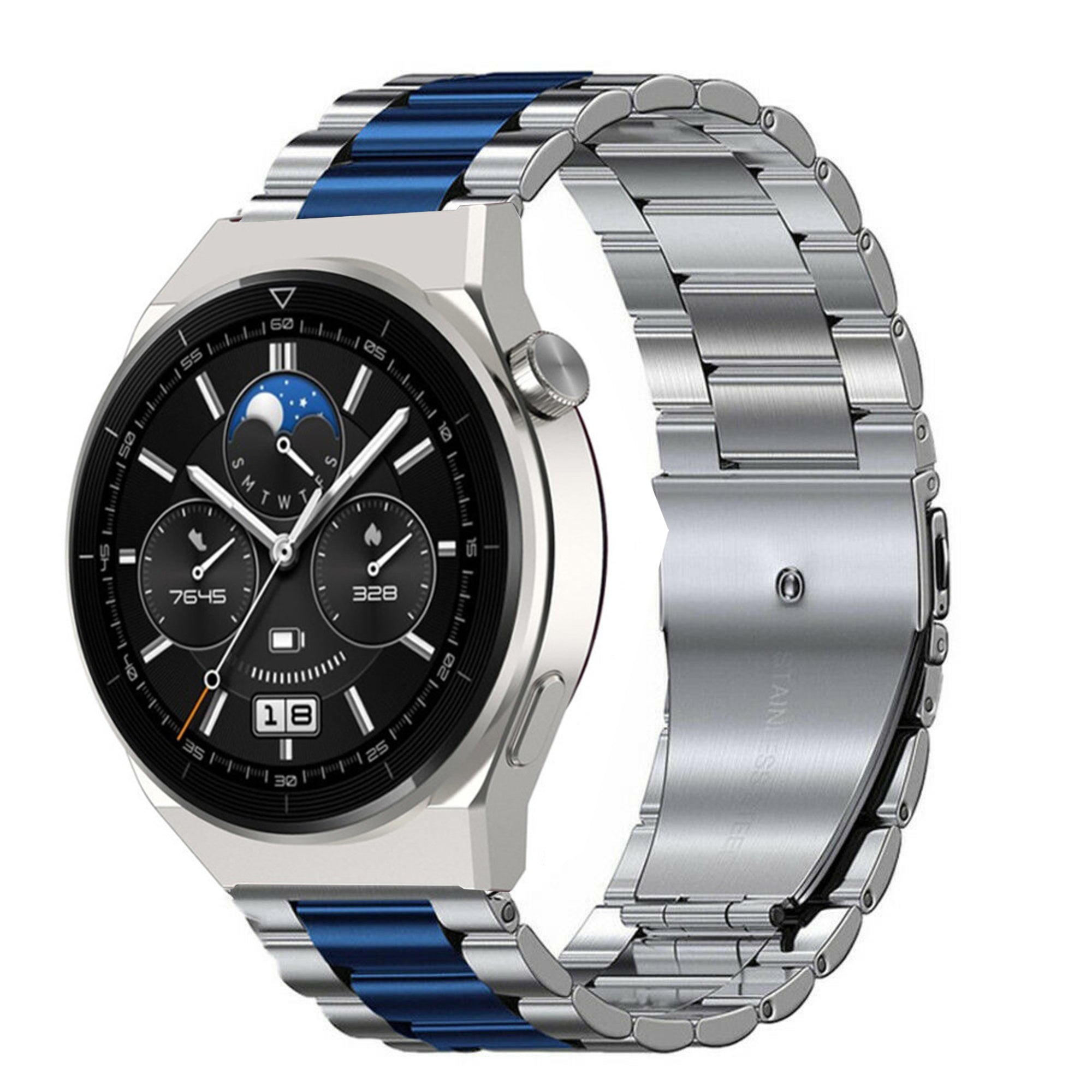 Steel Strap, silver/blue, on a watch, 3/4 front view