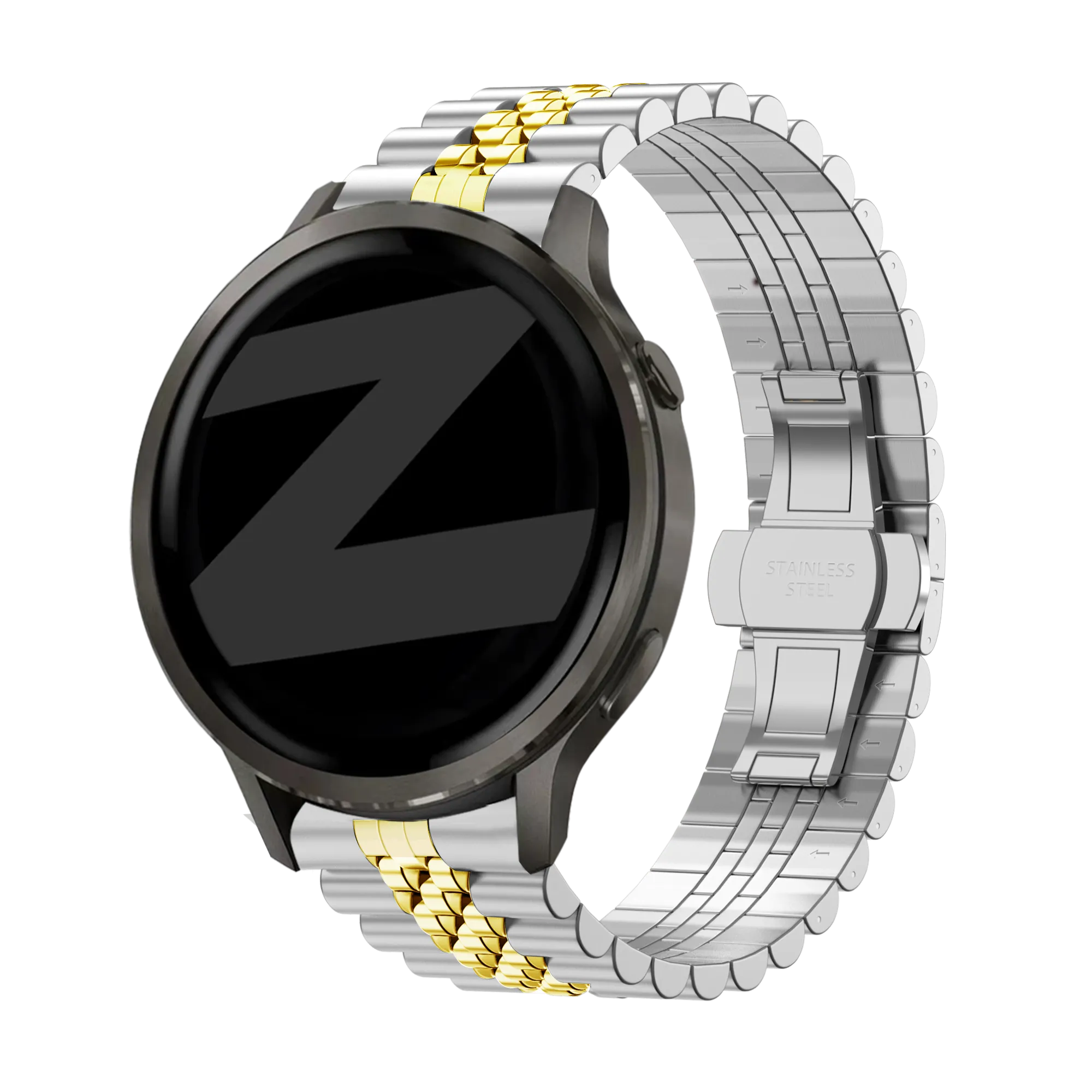Steel Strap 'Jubilee', silver/gold, on a watch, 3/4 front view