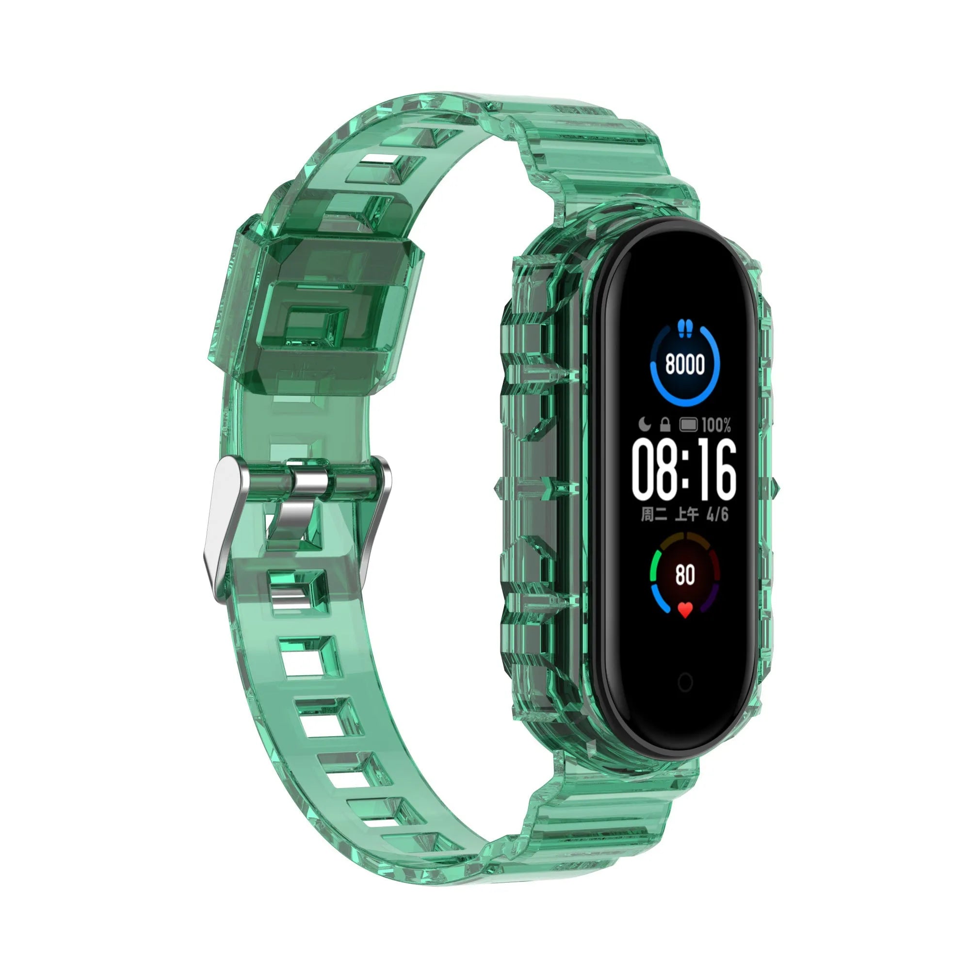 Silicone Clear TPU Strap, transparent green, on a watch, 3/4 front view