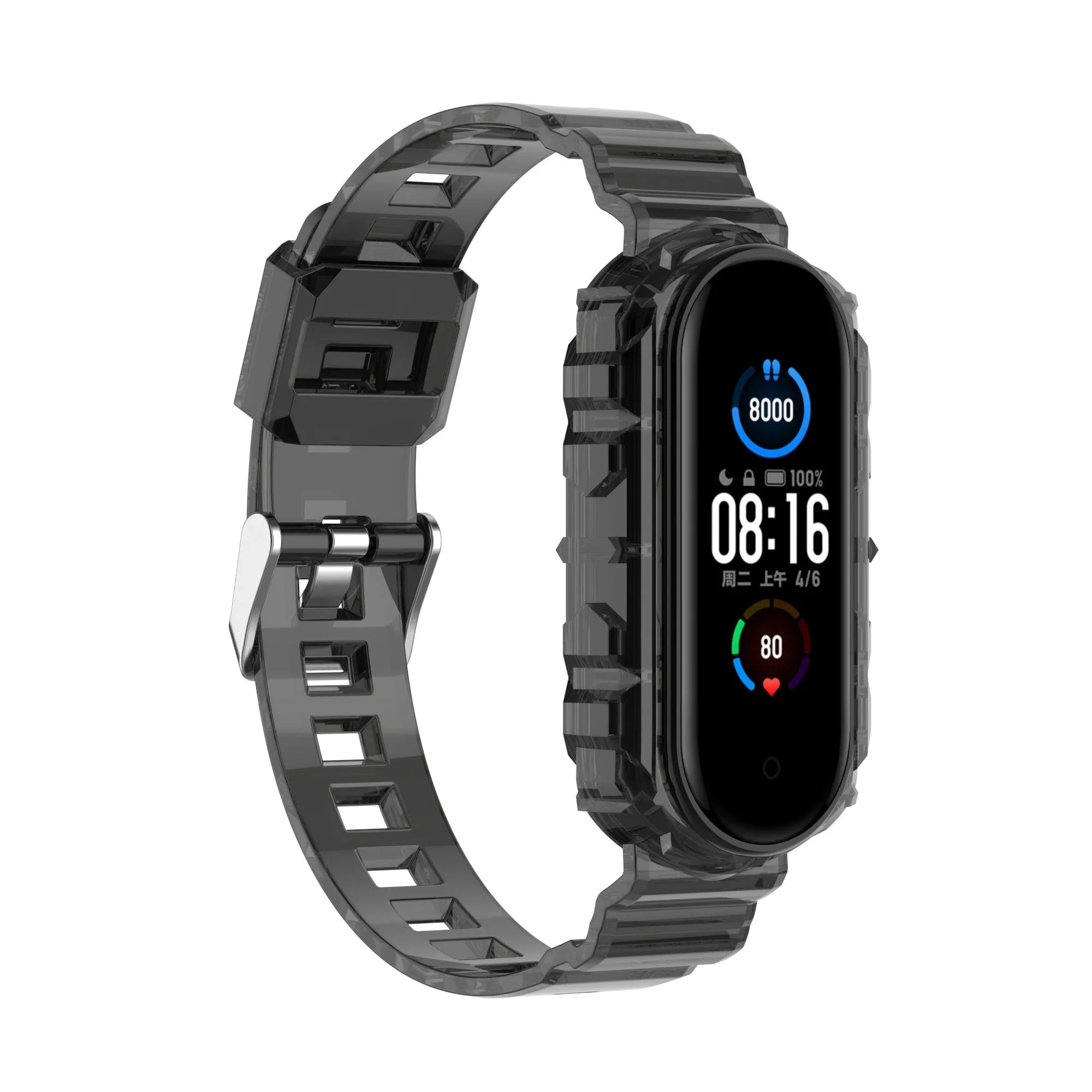 Silicone Clear TPU Strap, transparent black, on a watch, 3/4 front view