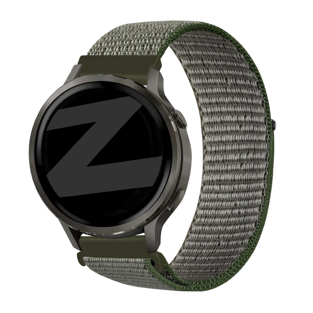 Nylon Loop Strap, olive green, on a watch, 3/4 front view
