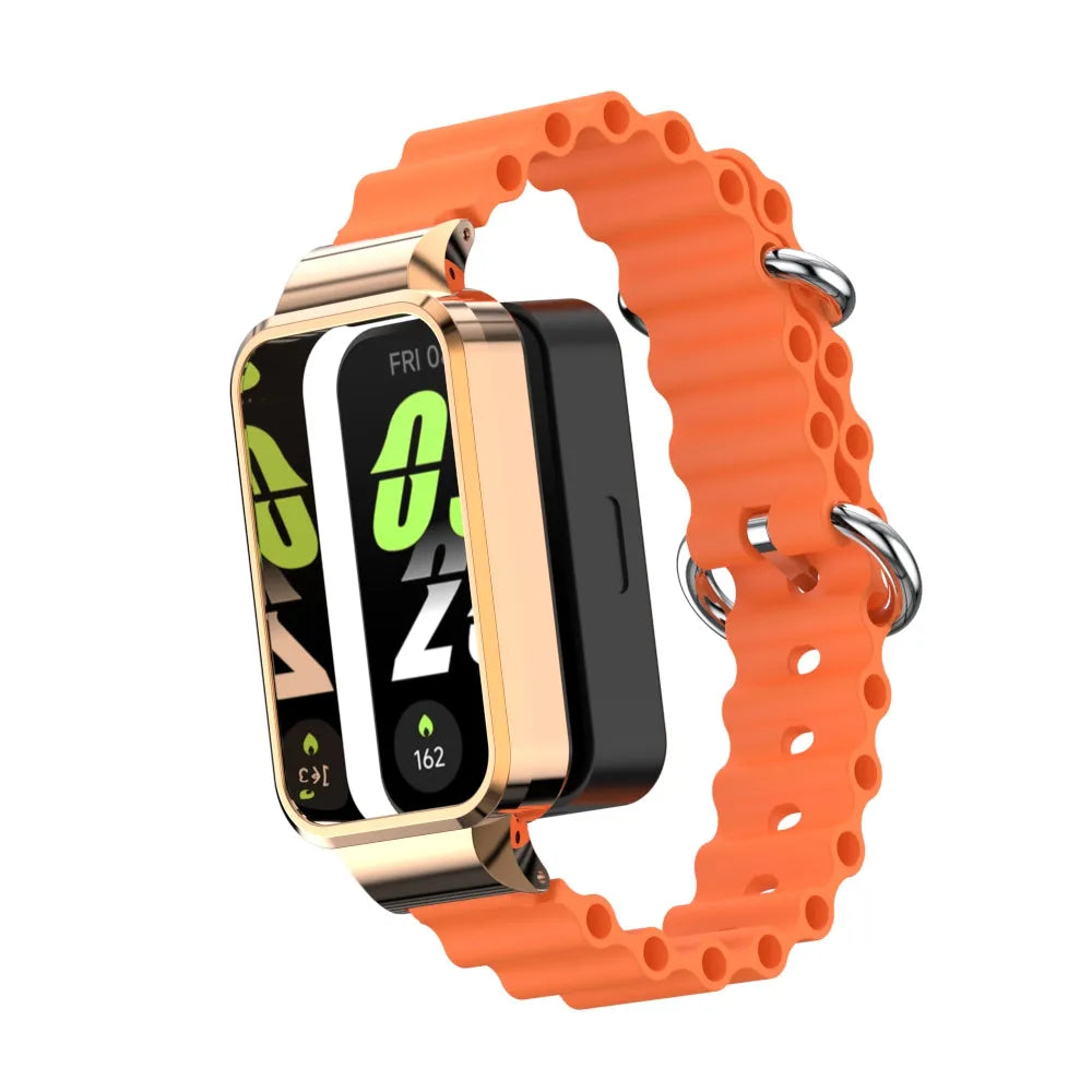 Silicone Ocean Strap, orange, on a watch, 3/4 front view