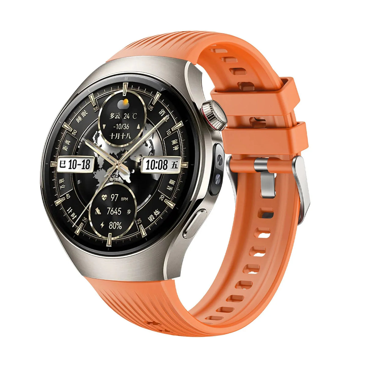Silicone Strap Perfect Fit, orange, on a watch, 3/4 front view