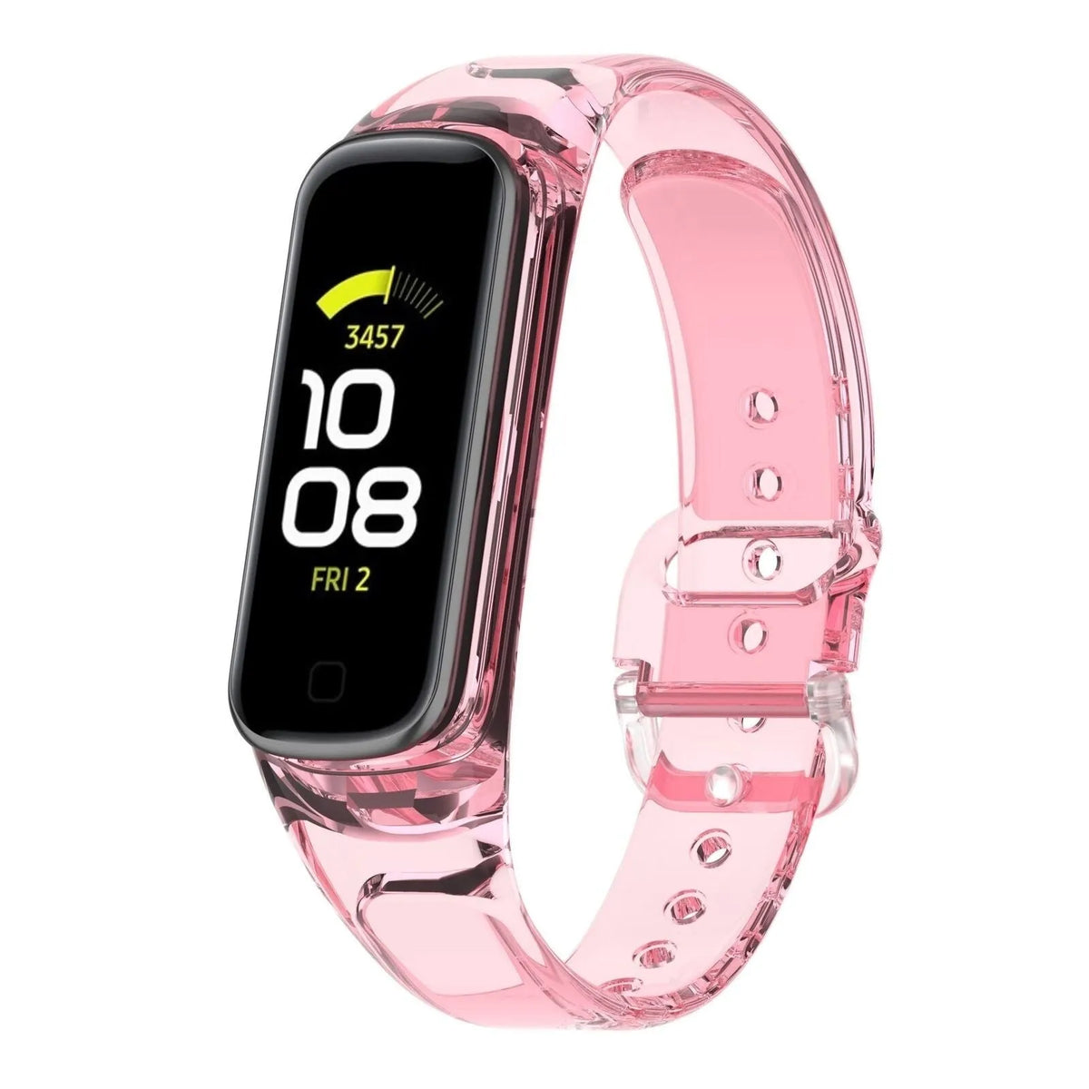 Silicone Colour Changing Crystal, transparent pink, on a watch, 3/4 front view