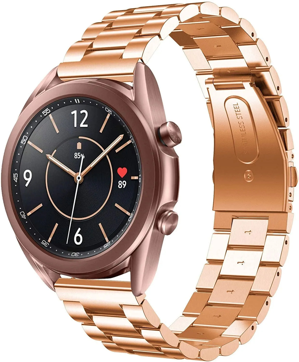 Steel Strap, rose gold, on a watch, 3/4 front view