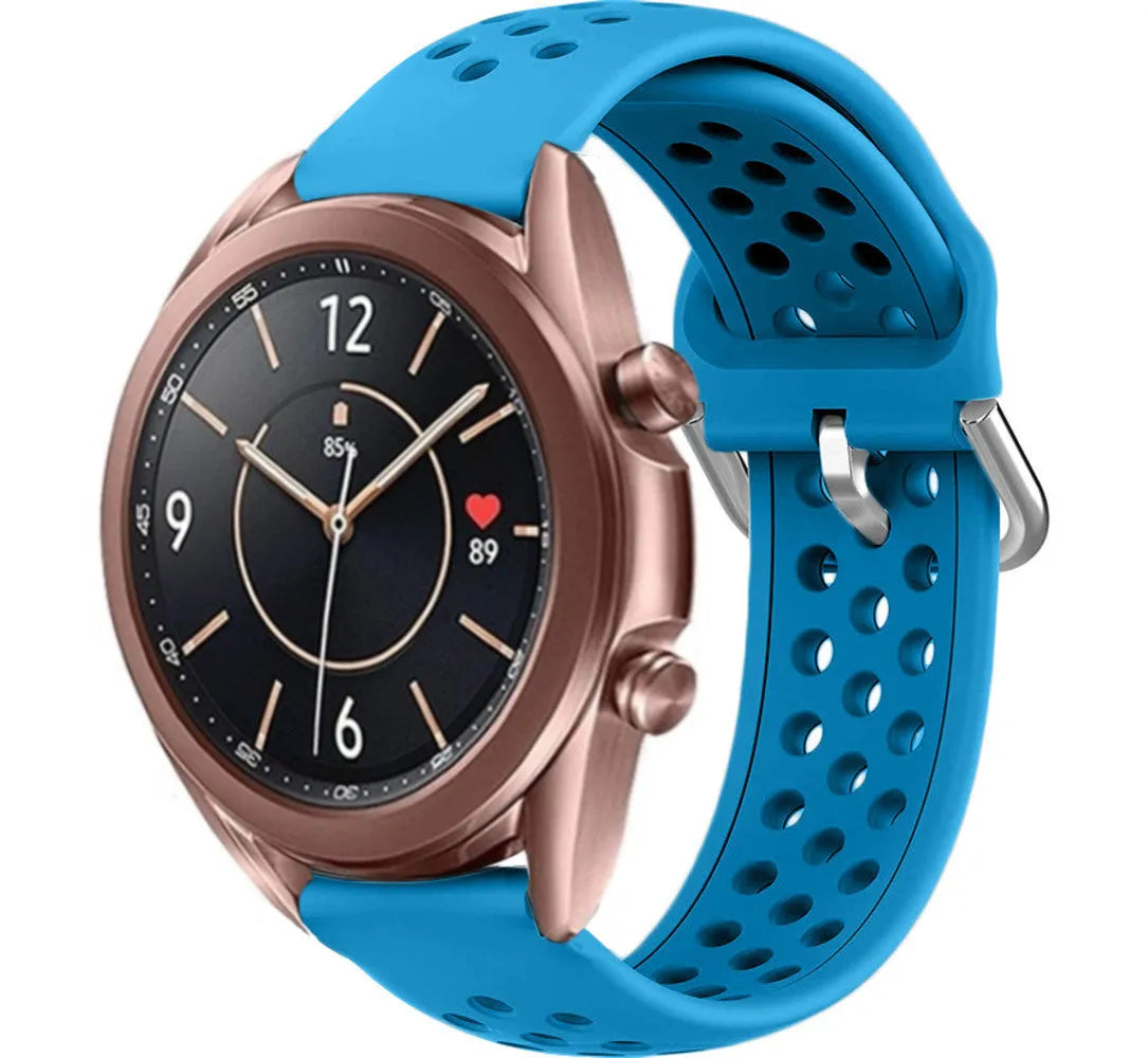 Breathable Silicone Strap, light blue, on a watch, 3/4 front view