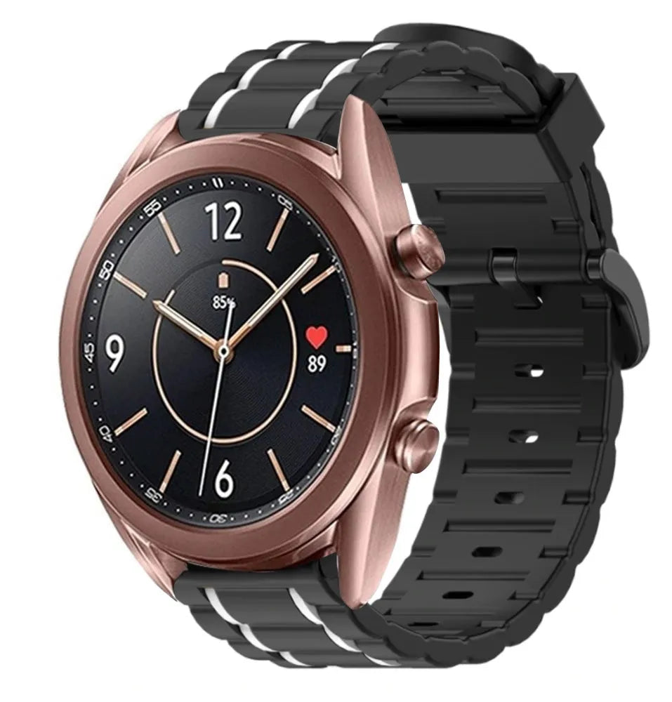 Silicone Strap 'Tough', black/white, on a watch, 3/4 front view
