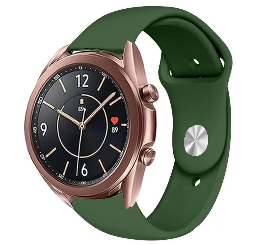 Silicone Sport Strap, army green, on a watch, 3/4 front view