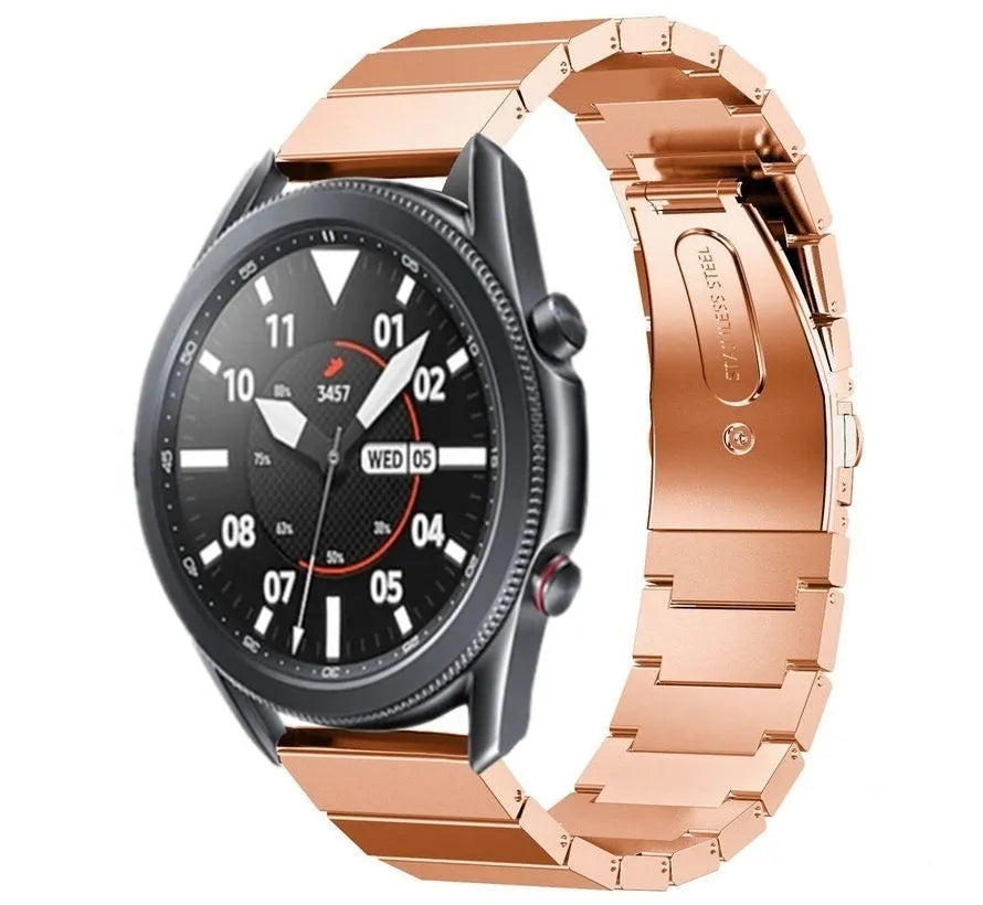 Premium Metal Strap, rose gold, on a watch, 3/4 front view