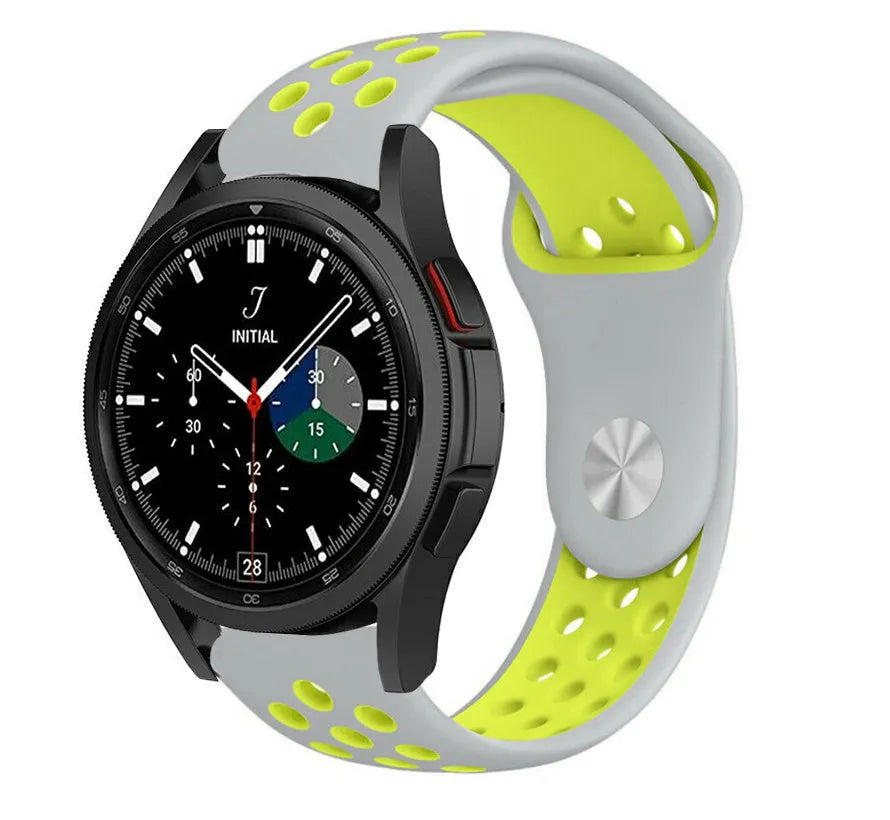 Silicone Sport Strap, grey/yellow, on a watch, 3/4 front view