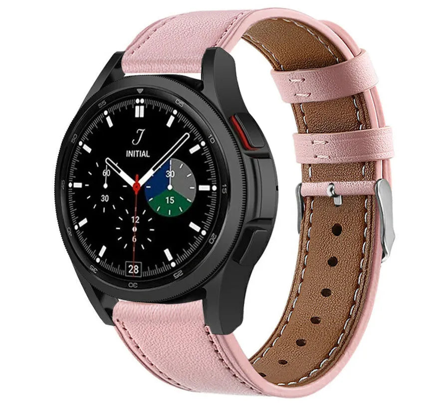 Modern Leather Strap, pink, on a watch, 3/4 front view