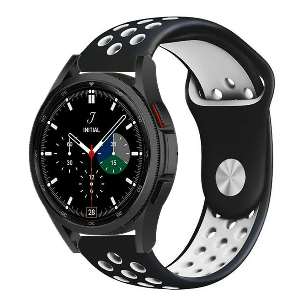 Silicone Sport Strap, black/white, on a watch, 3/4 front view