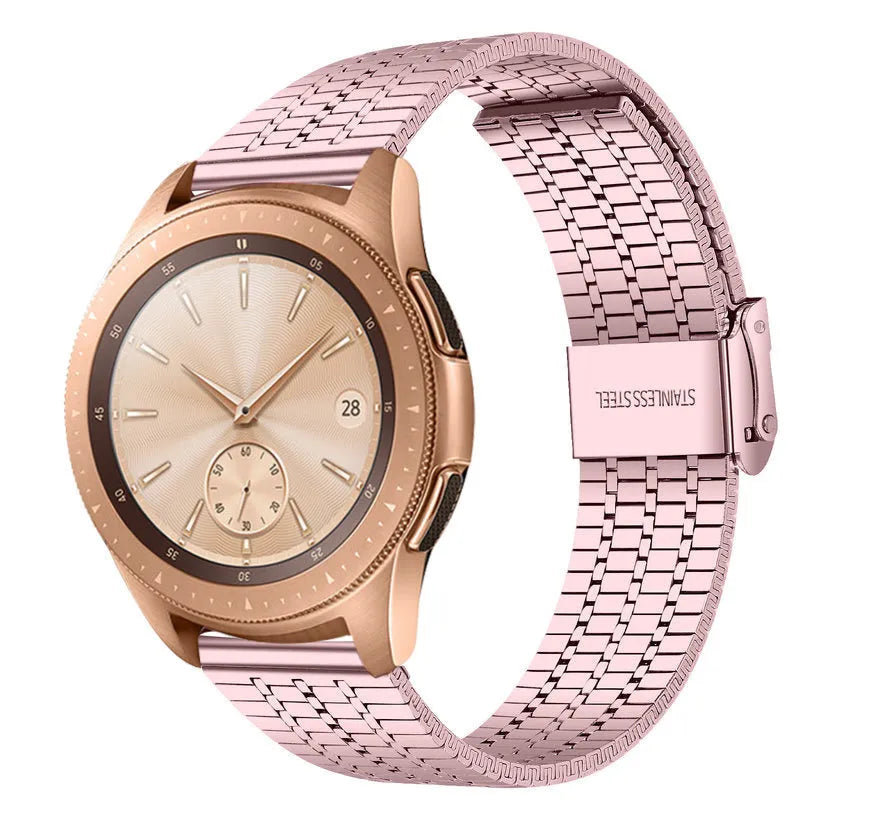 Fine Steel Strap, pink, on a watch, 3/4 front view