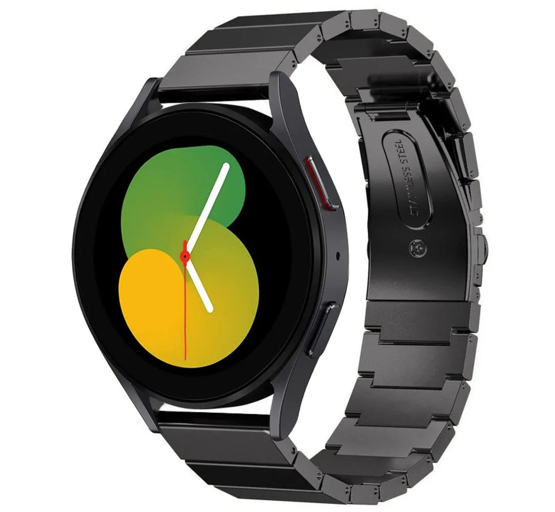 Premium Metal Strap, black, on a watch, 3/4 front view