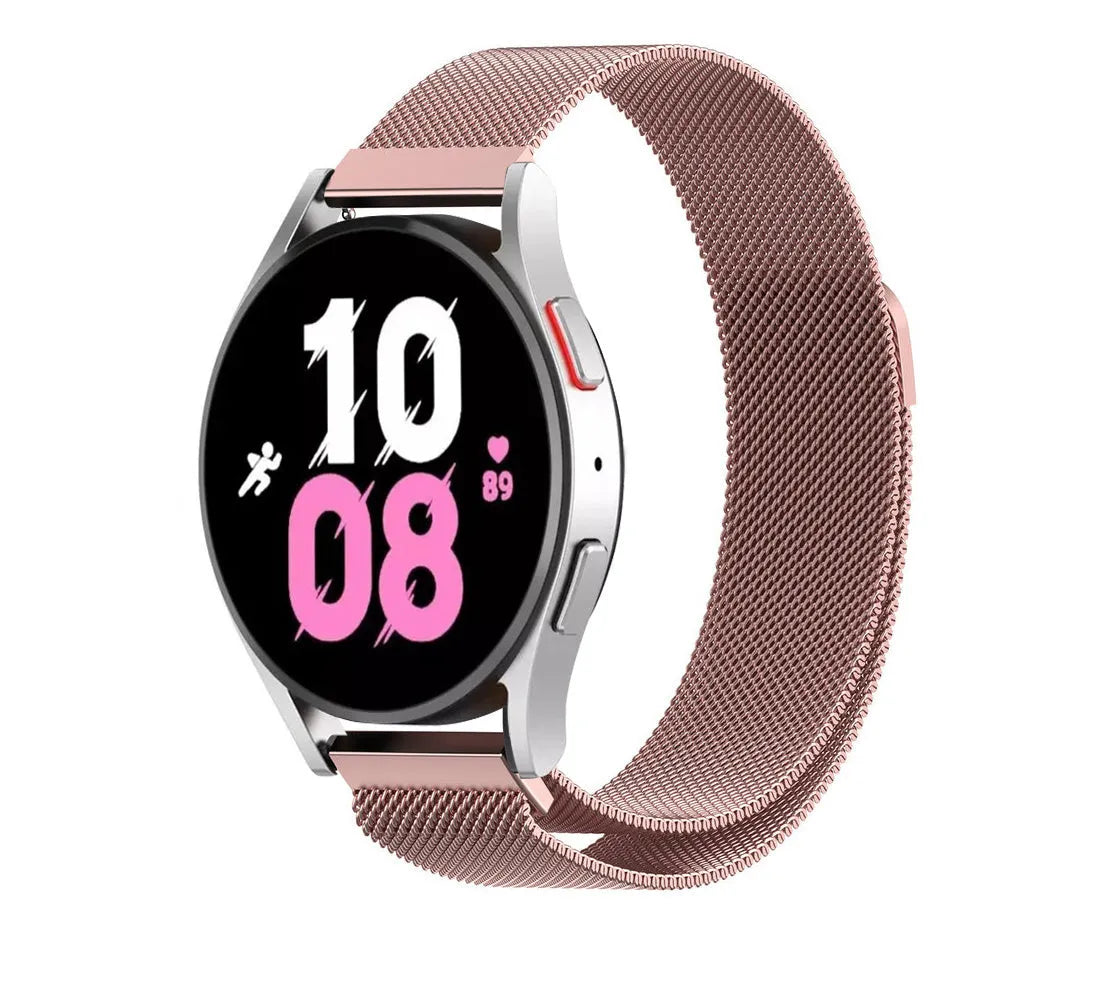 Milanese Strap, pink, on a watch, 3/4 front view