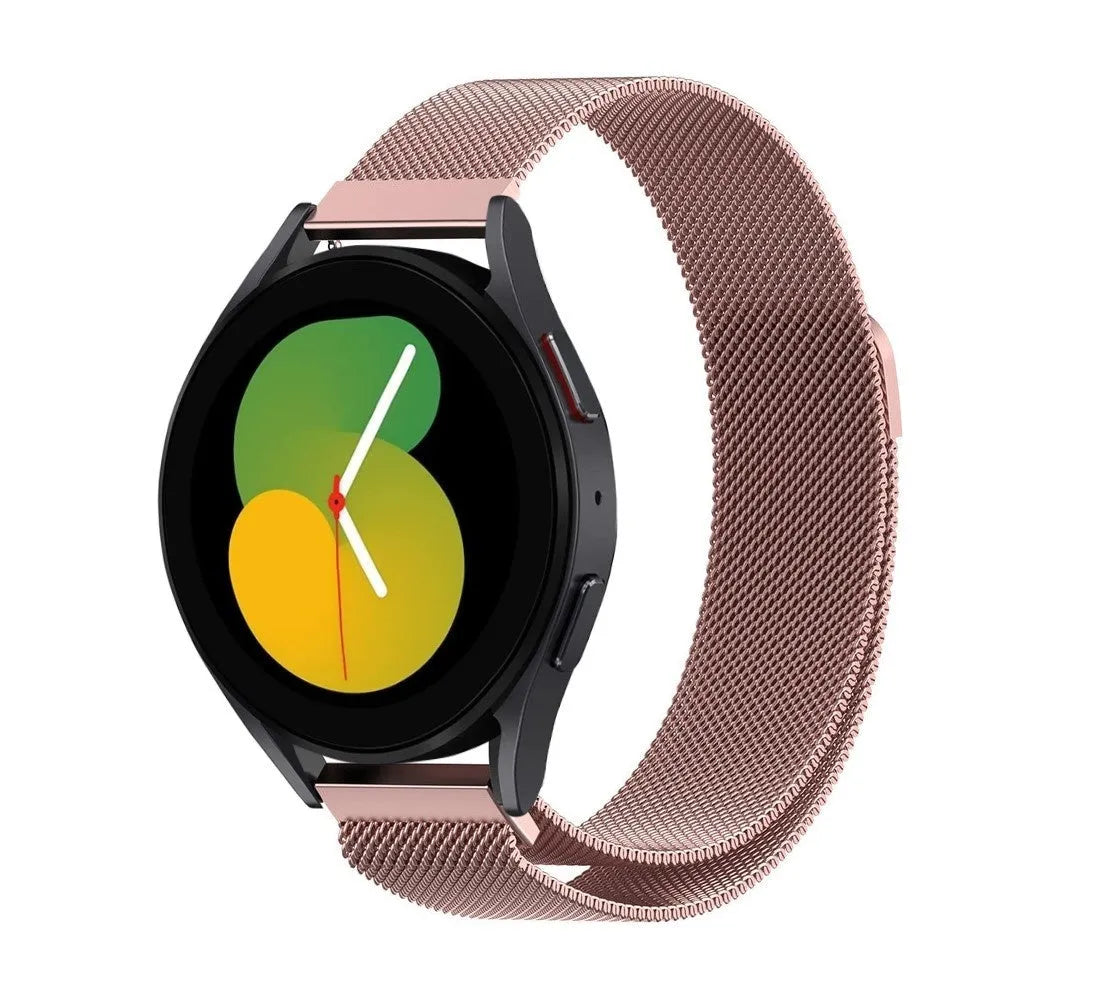 Milanese Strap, pink, on a watch, 3/4 front view