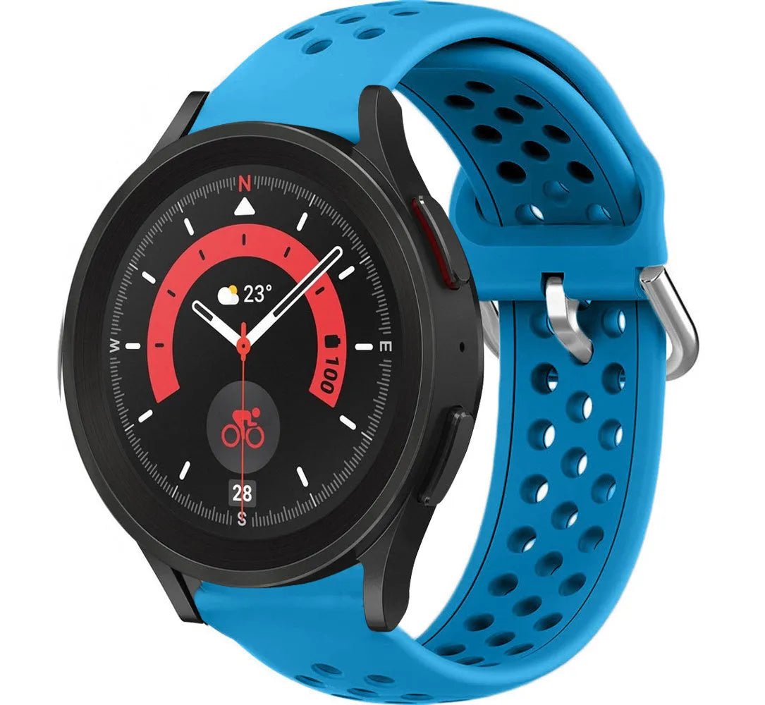 Breathable Silicone Strap, light blue, on a watch, 3/4 front view