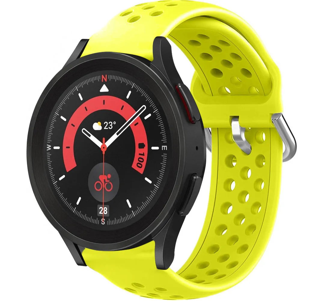 Breathable Silicone Strap, yellow, on a watch, 3/4 front view