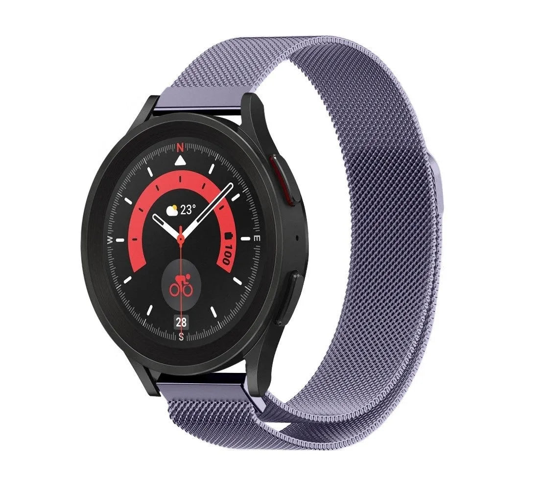 Milanese Strap, light purple, on a watch, 3/4 front view