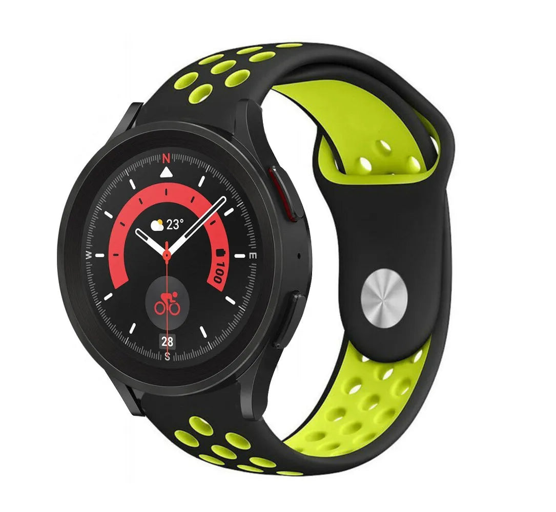 Silicone Sport Strap, black/yellow, on a watch, 3/4 front view