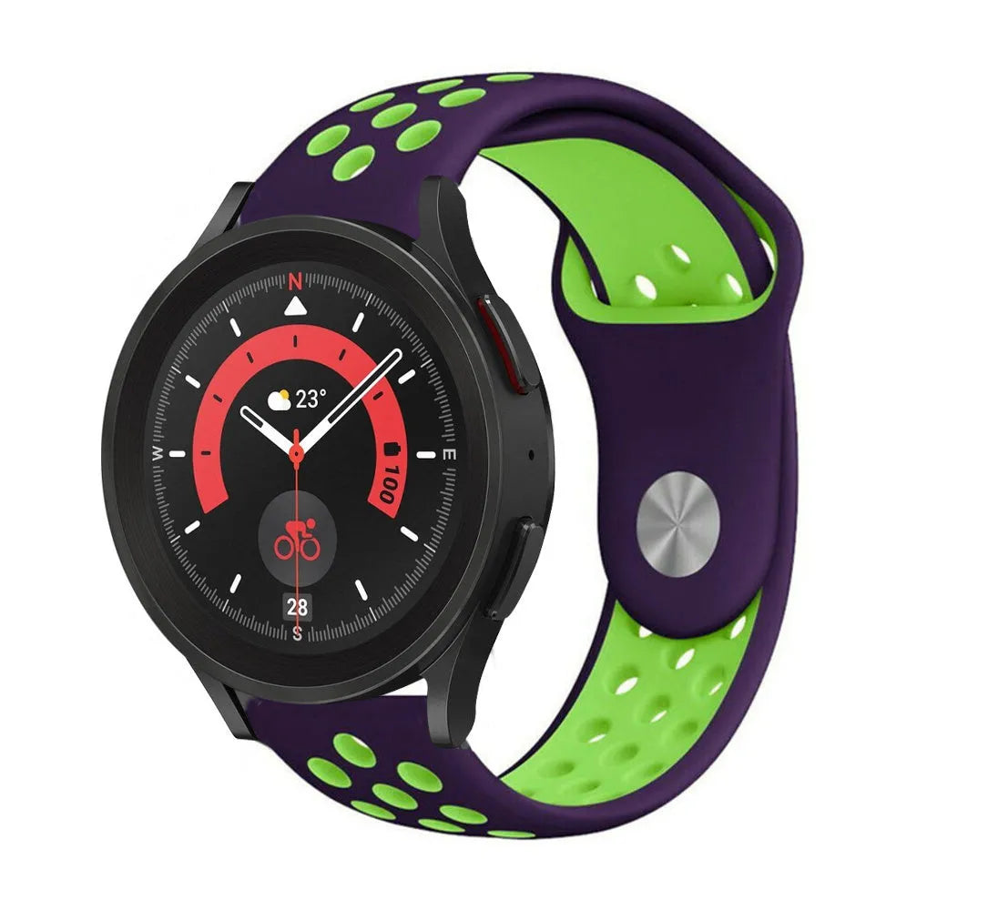 Silicone Sport Strap, purple/green, on a watch, 3/4 front view