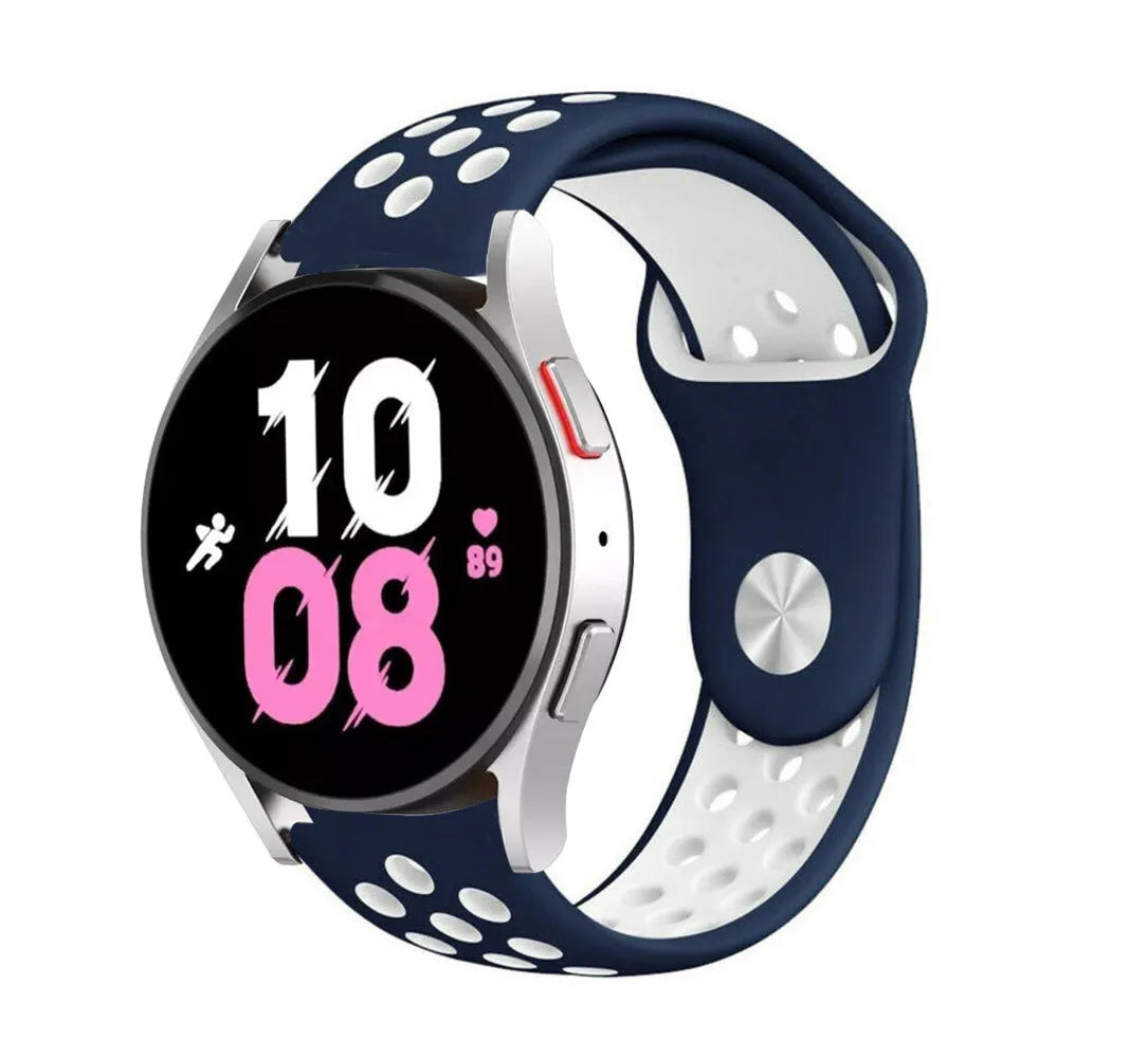 Silicone Sport Strap, blue/white, on a watch, 3/4 front view