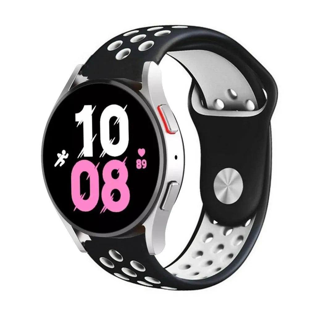 Silicone Sport Strap, black/white, on a watch, 3/4 front view