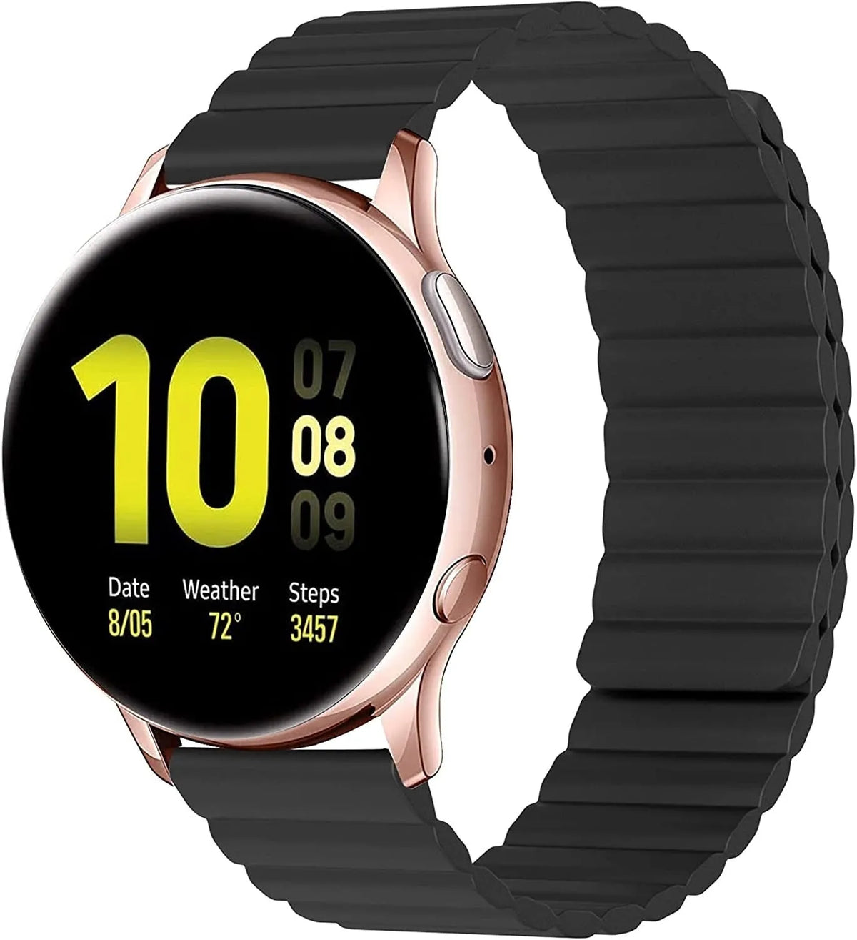 Magnetic Silicone Strap, black, on a watch, 3/4 front view