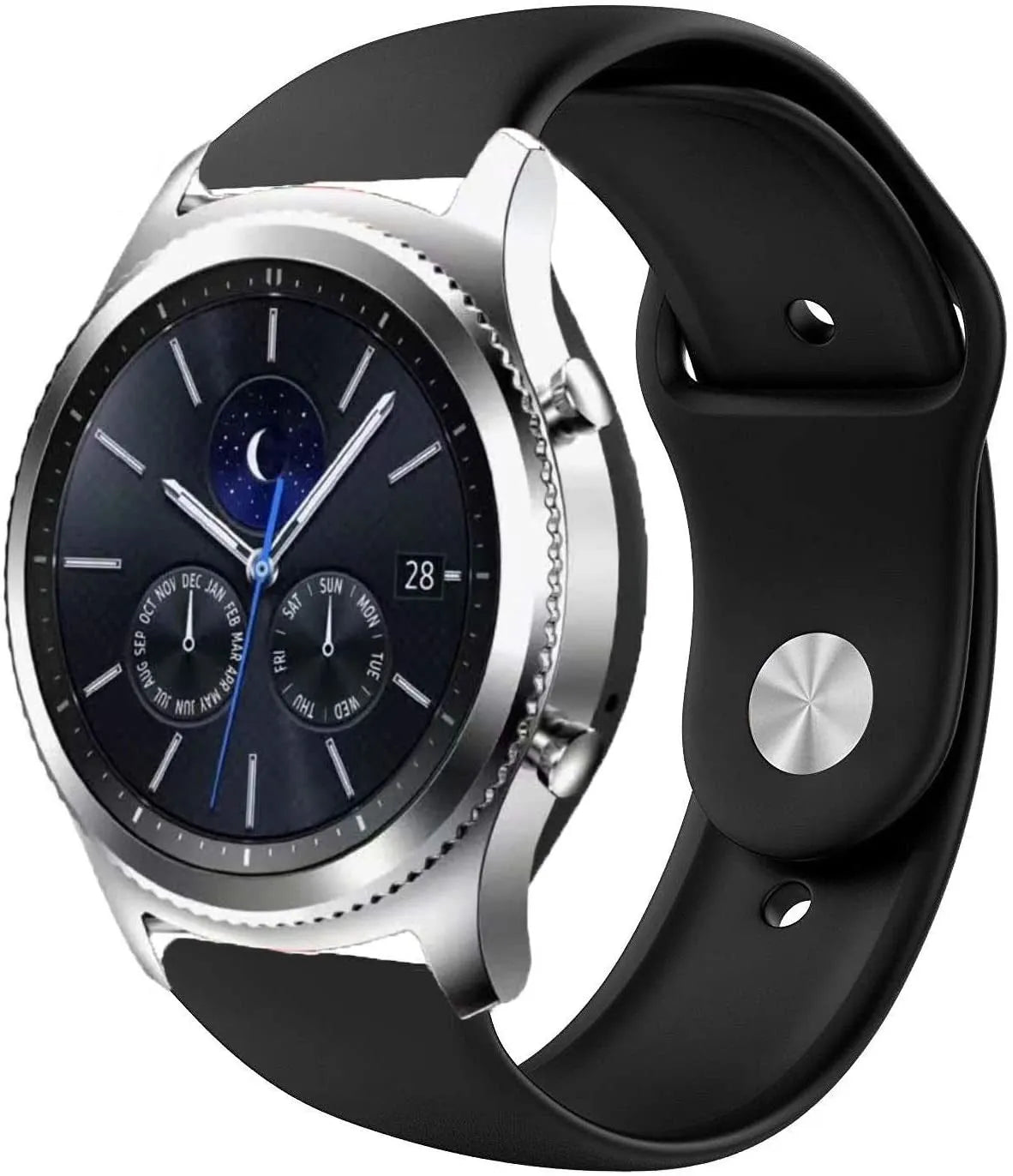Silicone Sport Strap, black, on a watch, 3/4 front view