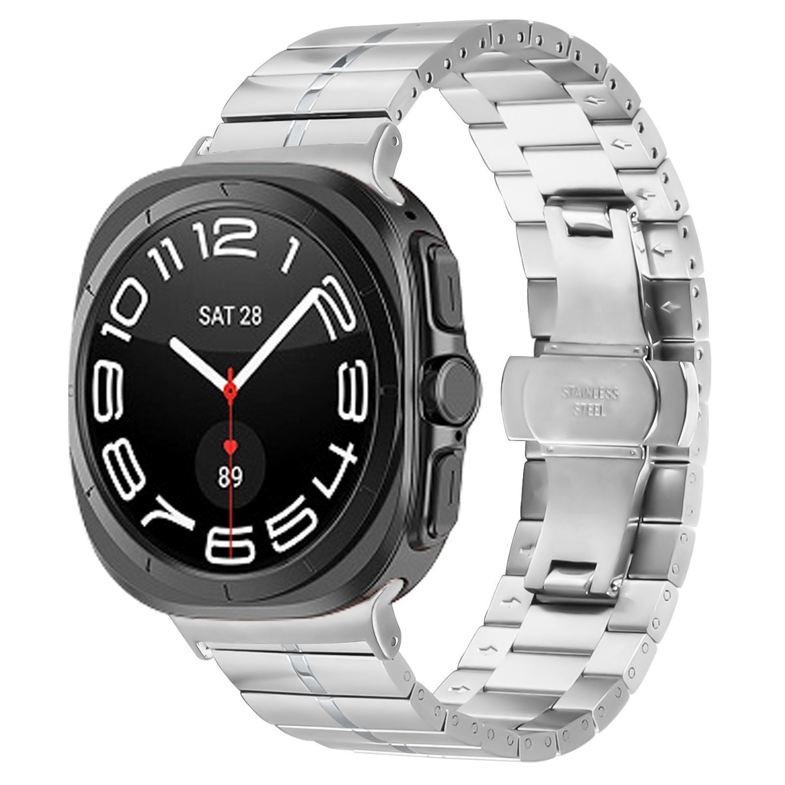 Premium Metal Strap, silver, on a watch, 3/4 front view