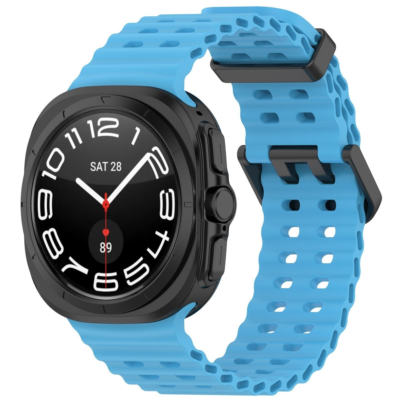 Silicone Ocean Strap, light blue, on a watch, 3/4 front view
