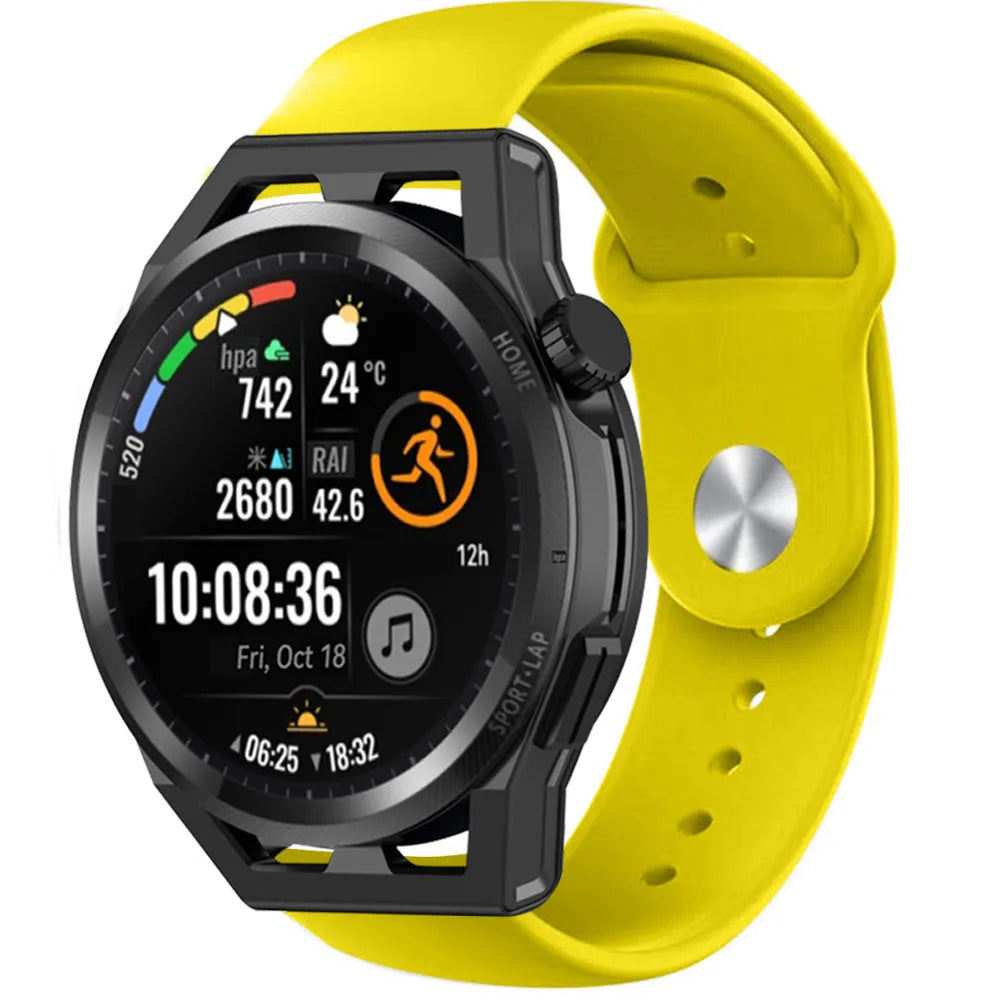 Silicone Sport Strap, yellow, on a watch, 3/4 front view
