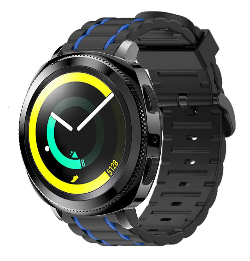 Silicone Strap 'Tough', black/blue, on a watch, 3/4 front view
