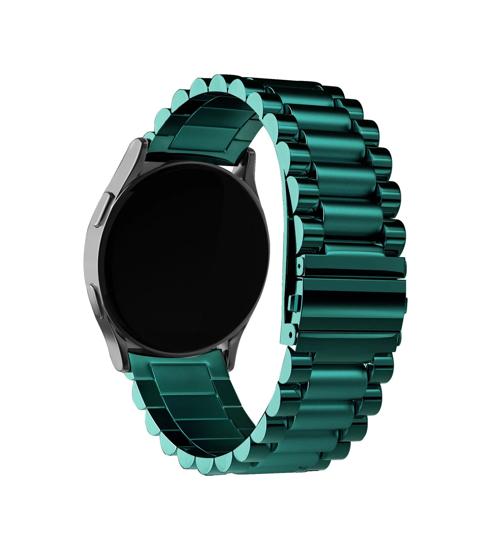 Steel Strap, green, on a watch, 3/4 front view