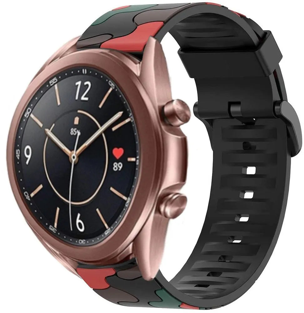 Silicone Camo Strap, red, on a watch, 3/4 front view