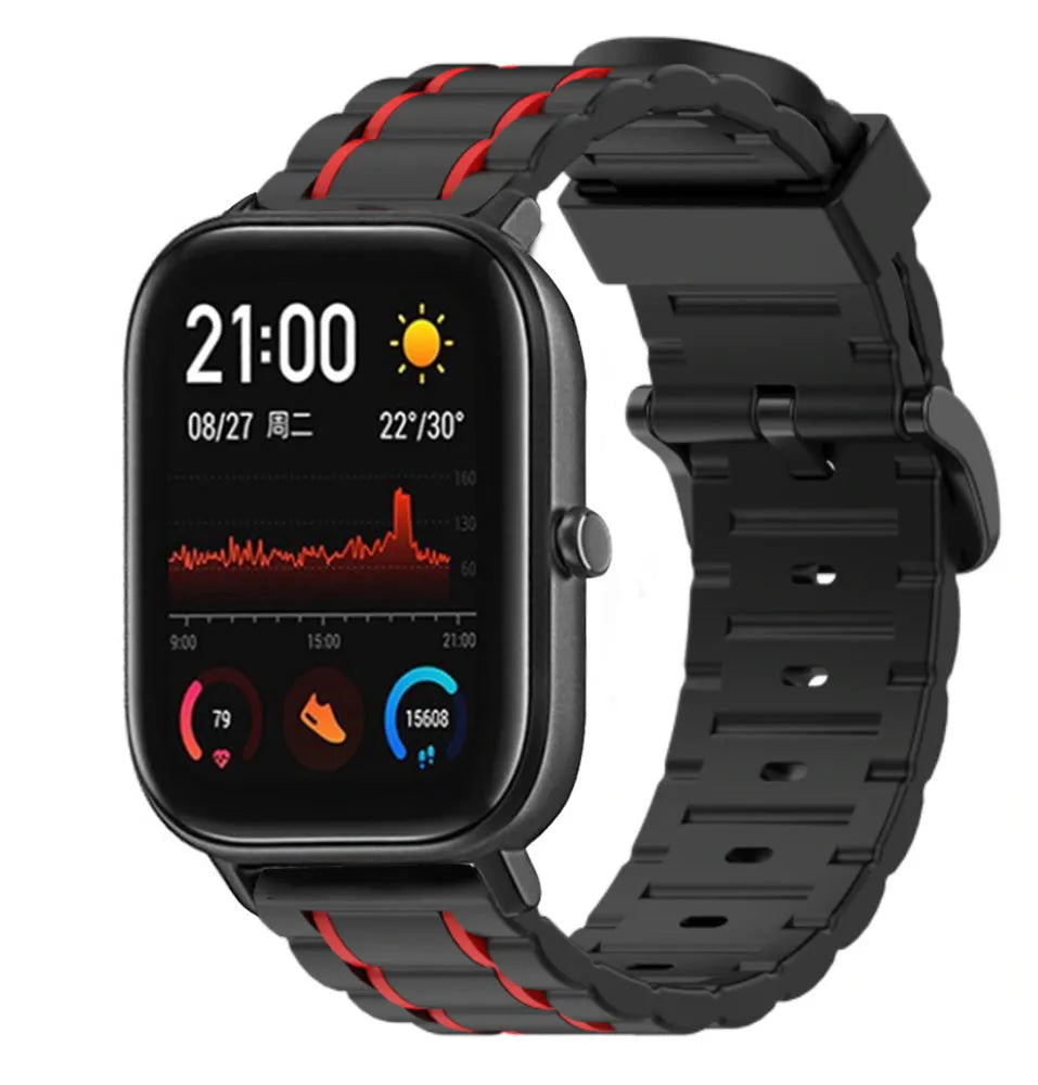 Silicone Strap 'Tough', black/red, on a watch, 3/4 front view