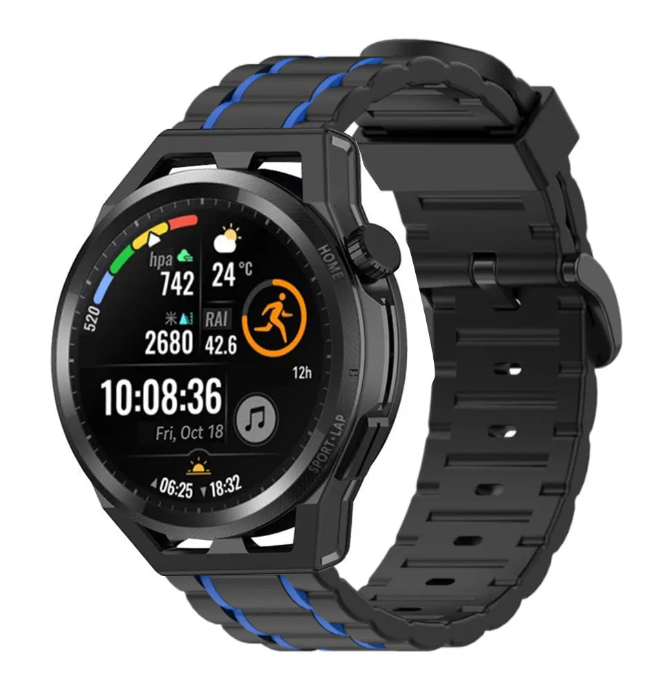 Silicone Sport Strap with Buckle, black/blue, on a watch, 3/4 front view