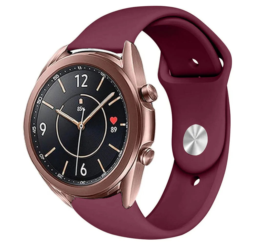 Silicone Sport Strap, burgundy, on a watch, 3/4 front view